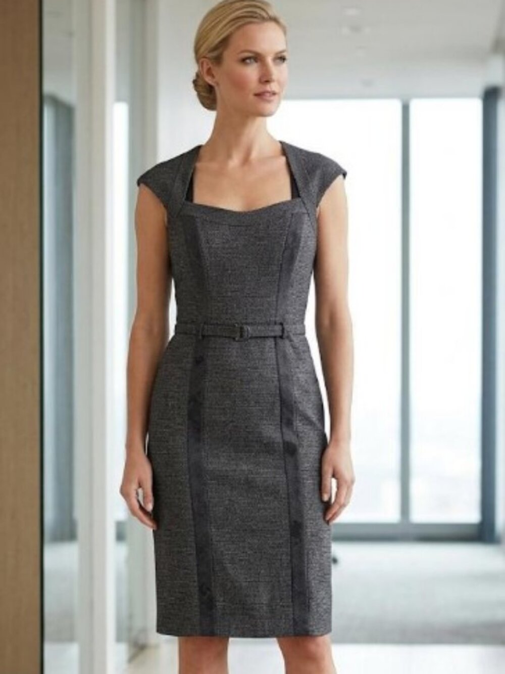 White House/Black Market Pindot Charcoal Textured Sheath Dress Size 12